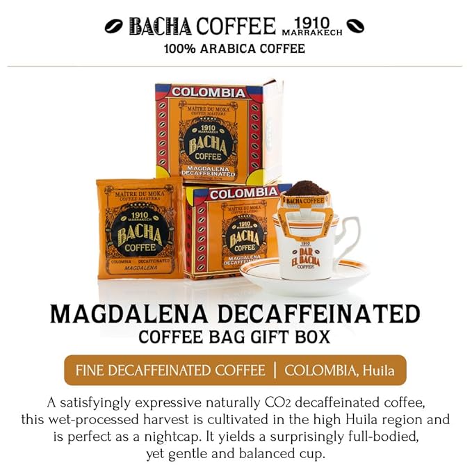 Bacha Coffee | Magdalena Decaf Colombia Single Origin, Medium Dark Roast, 100% Arabica Specialty Coffee, 12 Coffee Drip Bags, Gift Box