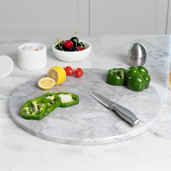 Koville Grayish White Marble Cutting Board Round, 16" Marble Cheese Board for Kitchen - Non-Stick Heat Resistant Stone Cutting Boards for Baking, Charcuterie, Pastry, Trivet