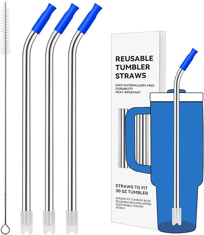 Reusable Stainless Steel Straws with Silicone Tip for Stanley 30oz, Metal Drinking Straws for 30oz Tumbler,3 Bent Tubes & 6 Tips& 1 Cleanr Brush (Iris)