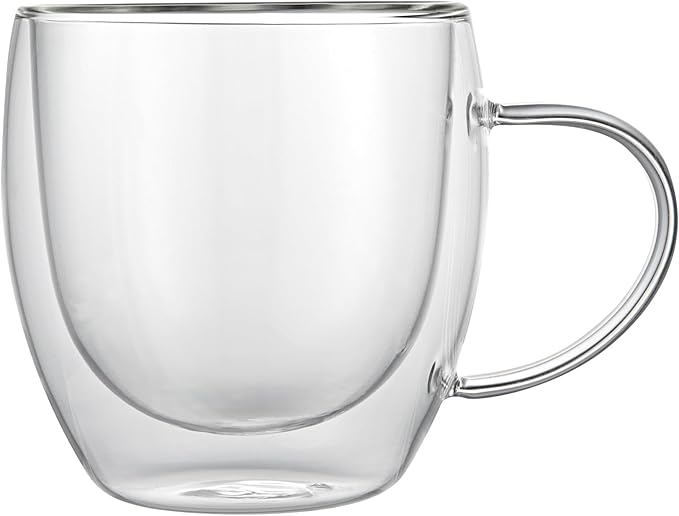 Restaurantware-Forma Professional 8.5 Ounce Glass Coffee Cups, 12 Insulated Coffee Cups With Handle - Dishwashable, Reusable, Clear Double Wall Beverage Tumblers, Freezable, For Hot Or Cold Beverages