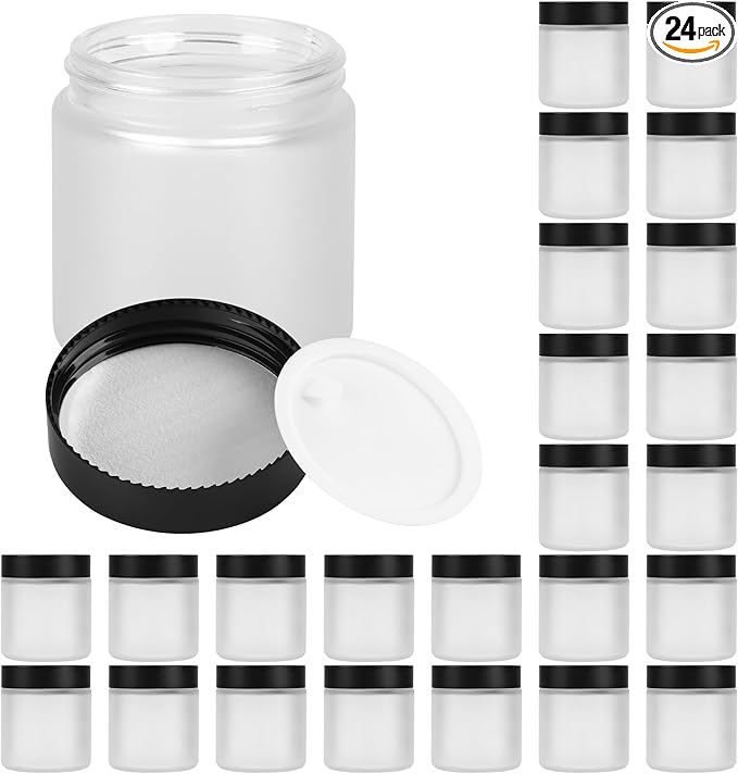 Glass Jars with Lids,Eco-Friendly Cosmetic Containers with Airtight Black Lids & Liners, Multi-Color Options for Cream, Lotion, Body Butter, DIY Skincare Travel Jars (Clear Frosted, 4oz)