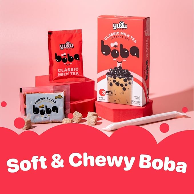 YULU FOODS Instant Bubble Pearl Classic Milk Tea Kit with Authentic Brown Sugar Tapioca Pearls, Ready in Under One Minute, Paper Straws Included – 3 Servings