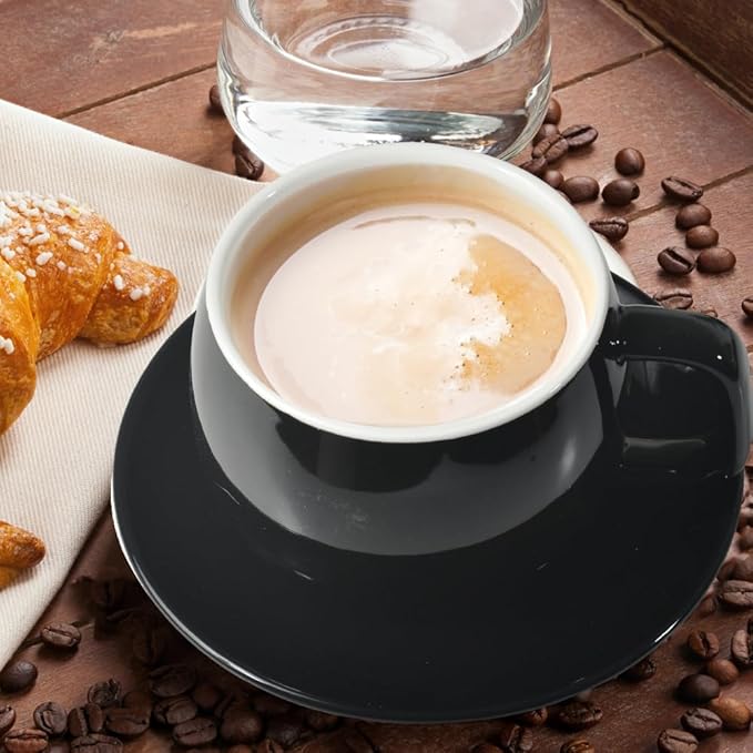 Porcelain Coffee Cup with Saucer 270ml/9oz, Minimalist Design, Perfect for Latte, Cappuccino, and Tea, Black
