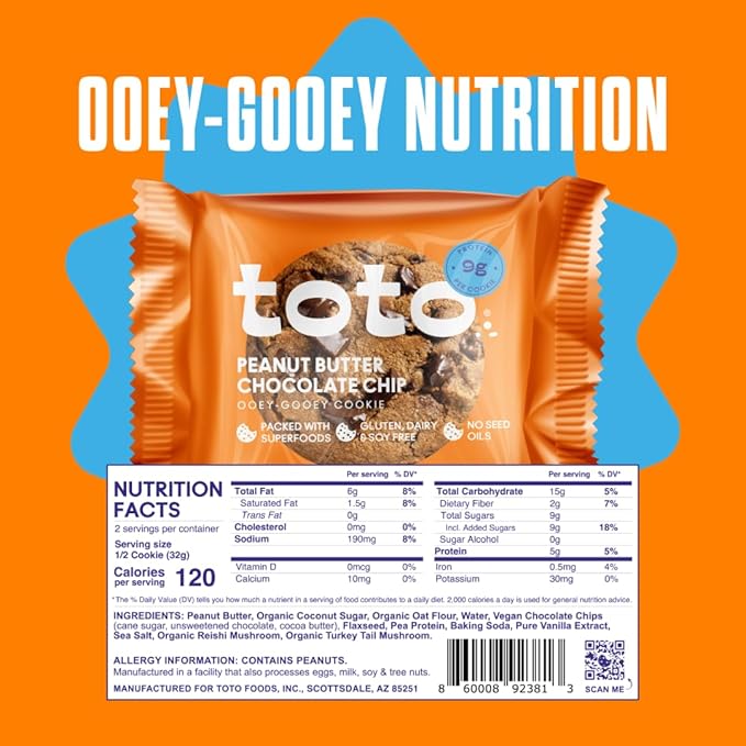 Toto's Peanut Butter Chocolate Chip Vegan Cookies: Gluten-Free High-Fiber Cookie with Plant-Based Protein, Superfoods, and Adaptogens - 10X Individually Wrapped Cookies