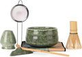 Japanese Matcha Whisk Set - 7-Piece Kit Bamboo Chasen, Ceramic Bowl with Spout, Stainless Steel Sifter & Holder Green