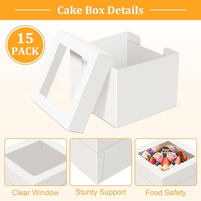 15 PCS Cake Boxes 10 Inch, 10x10x5 Inch Cake Box, 10 Inch Cake Box with Window, White Bakery Boxes, Large Baking Boxes, Cajas Para Pasteles, 10x10 Cake Boxes for Birthday, Wedding, Party, Business
