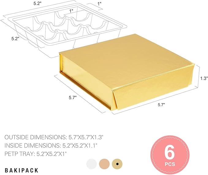 BAKIPACK 6 Truffle Boxes, Chocolates Boxes, Gold Truffle Gift Boxes Packaging with 9-Piece Plastics Tray, Magnetic Closure Lid 5.7x5.7x1.3 Inches