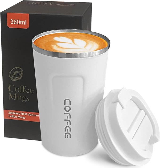YINBAOGE Insulated Travel Coffee Mug Spill Proof Leak Proof Pobtable To Go Camping Stainless Steel Coffee Tumbler Reusable Coffee Cups with Lids Thermos for Hot and Cold Drink (2nd-White, 12 OZ)