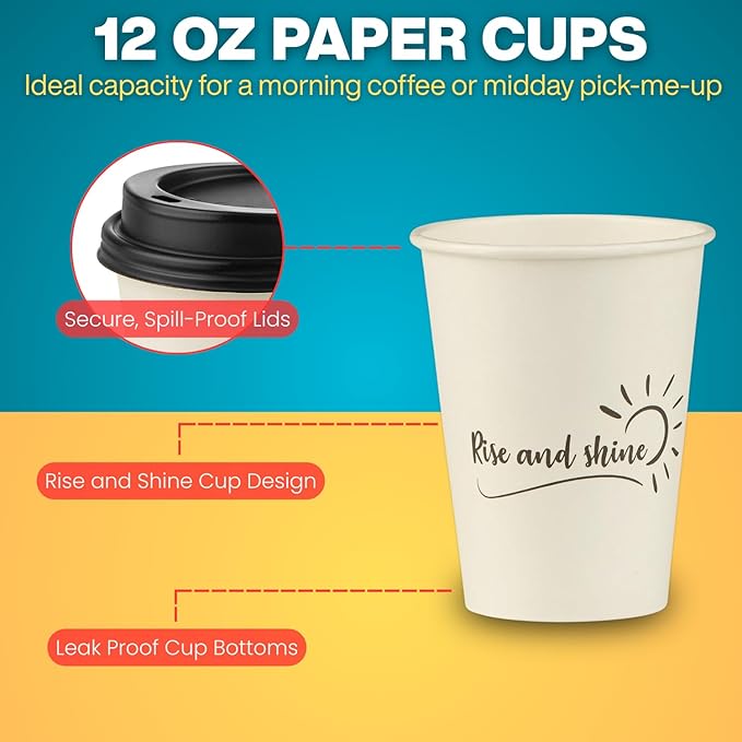 Smygoods Disposable Coffee Cups with Lids, To Go Paper Hot Cups, Rise and Shine Design (12 OZ, 50 Count) For Hot Beverages, Coffee, Tea, Espresso, Cocoa - Vasos Para Cafe