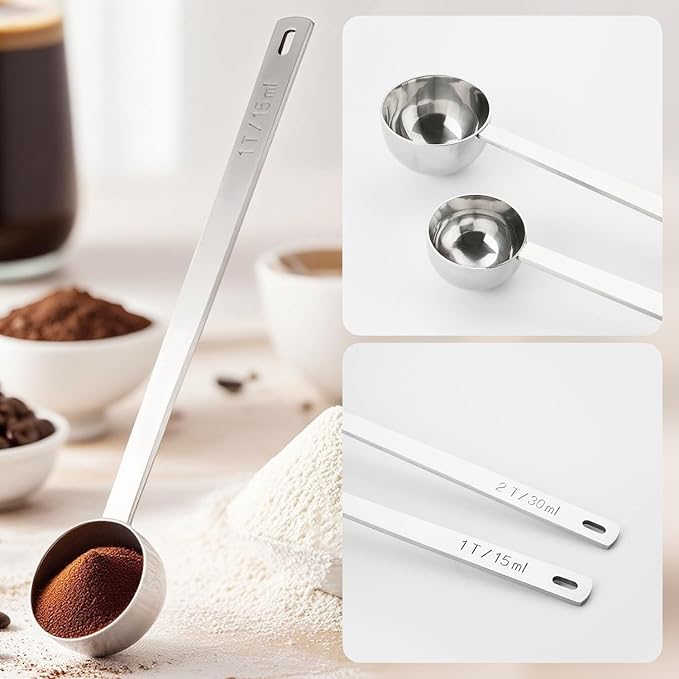 2Pcs Coffee Scoop Spoon - 1 Tbsp (15ml) & 2 Tbsp (30ml) Measuring Tablespoon - Stainless Steel Coffee Measuring Spoon - Long Handle Measuring Spoons for Ground Coffee, Loose Tea and Powder