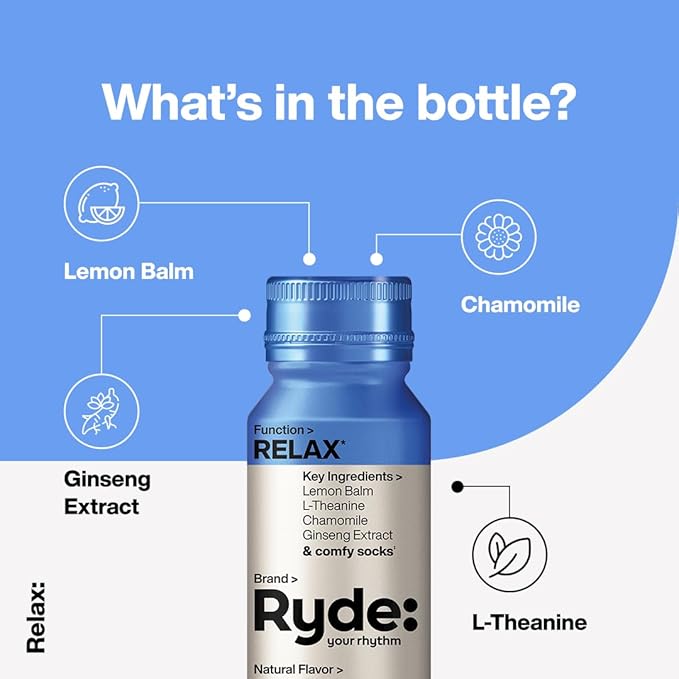 RYDE: Discovery Pack | Energize, Focus & Relax Shots | Green Tea Caffeine, Taurine, Ginseng, B Vitamins, L-Theanine, Lemon Balm, Chamomile | 0 Calories, 0 Sugar | Variety Pack – Try Them All (6 Pack)