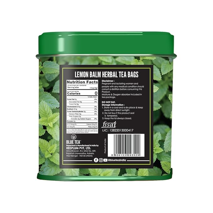 BLUE TEA - Lemon Balm Tea - 30 Count - Pyramid Plant Based Tea Bag | RELIEVES STRESS - IMPROVES DIGESTION | Reduces Bloating | Refreshing Citrus Flavour - Leaf Based - Caffeine Free | Tin Pack