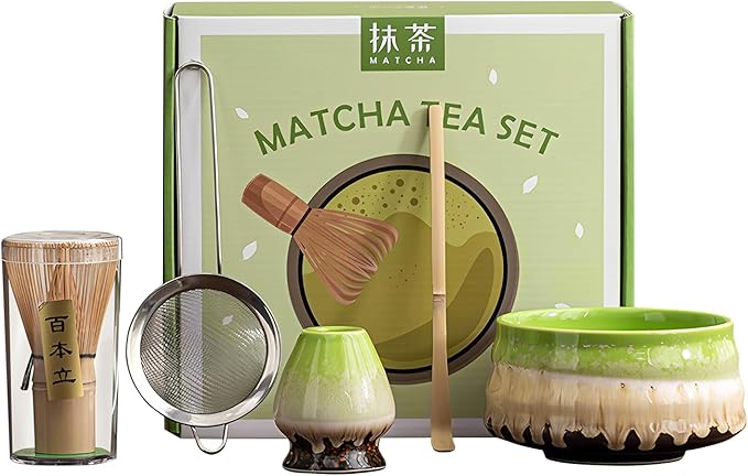 Matcha Whisk Set Ceramic Matcha Set Includes Matcha Bowl Matcha Whisk and Holder, Bamboo Scoop, Sifter, 5 Pcs Matcha Kit for Matcha Lovers