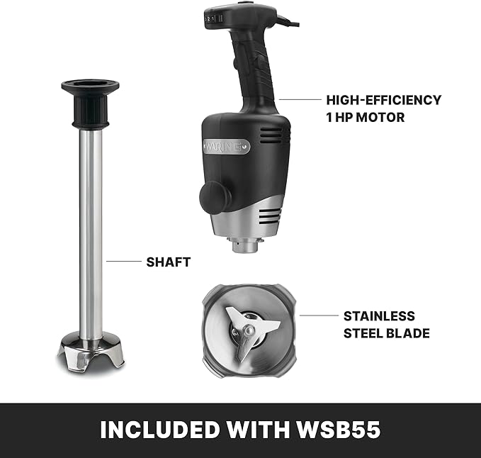 Waring Commercial Big Stix Heavy Duty Stick Immersion Hand Held Blender, 14" Removable Shaft, 1 HP, 750 Watt, Variable Speed Motor, Professional Restaurant Grade, 15 Gal Capacity, 120V, 5-15P WSB55, Black/Silver