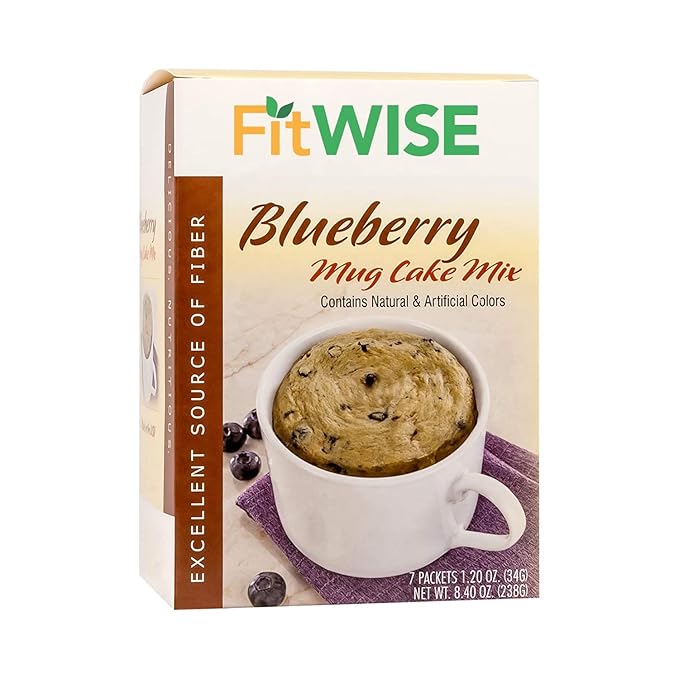 FITWISE - High Protein Mug Cake Mix, 15g Protein, Low Calorie, Low Net Carbs, Low Fat, High Fiber, Gluten Free, Ideal Protein Compatible, 7 Servings Per Box (Blueberry)