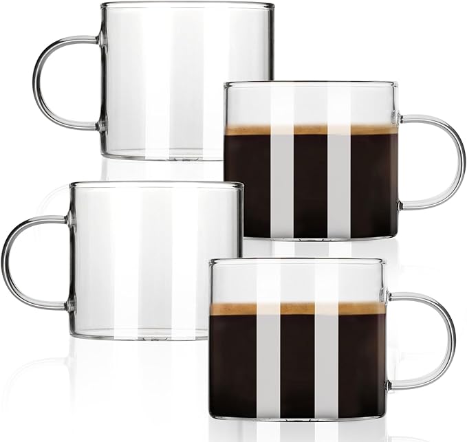 Espresso Cups Set of 4, 5 oz Small Shot Glasses with Handle, Clear Demitasse Mugs for Double Espresso or Tea, Coffee Machine Accessories