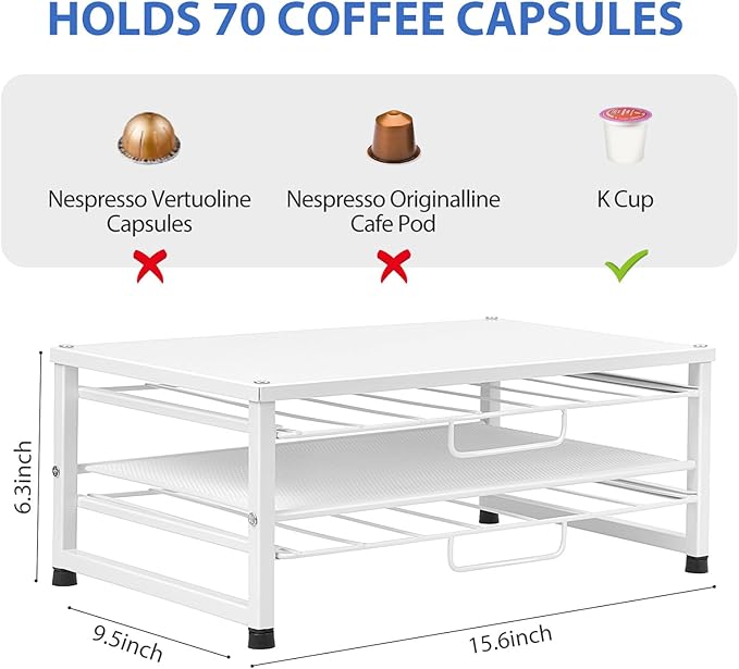 K Cup Holder Organizer for 70 Pods, 2-Tier Coffee Pod Holder for K-Cup with 2 Sliding Storage Drawers, Coffee Station Bar Organizer Accessories for Kitchen Countertop Home Office, White