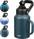 BJPKPK 64oz Insulated Water Bottle with Handle, Large Dishwasher Safe Half Gallon Water Bottle, BPA Free Water Jug, Wide Mouth Metal Water Bottle with Anti-slip Bottom, Keep Cold & Hot, Navy Blue
