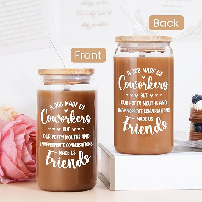 Coworker Gift for Women - 16oz Can Glass Coffee Cup - Funny Work Bestie Gift - Farewell Going Away Present for Female Colleagues and Friends