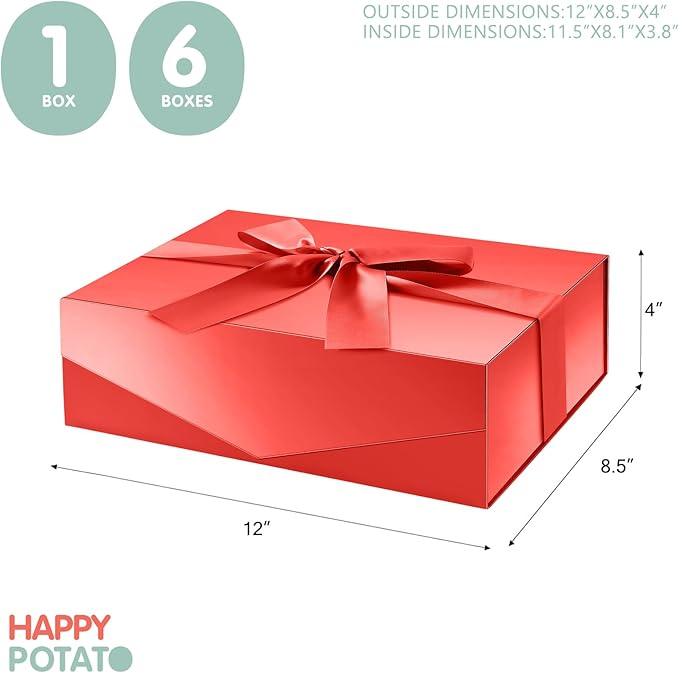 HAPPY POTATO Large Christmas Gift Box with Ribbon 11.5x8.1x3.8 Inches, Red Box with Lid, Bridesmaid Proposal Box, Magnetic Gift Box for Presents (Glossy Red)