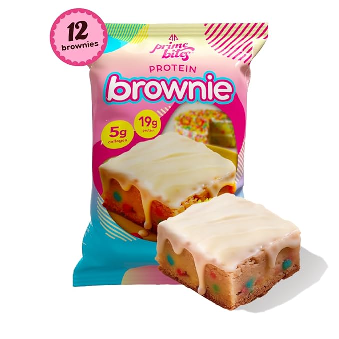 Prime Bites Protein Brownie from Alpha Prime Supplements | High Protein, Collagen Fortified Low Sugar Treat | Delicious Snack | 12 Bars per Box (Birthday Cake Blondie)
