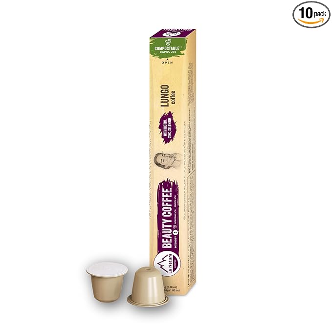 La Natura Lifestyle Beauty Coffee Pods - Lungo Roast European-Style with Biotin, Zinc & Selenium for Hair, Skin & Nails Health - Nespresso Original Line Compatible Pods - Pack of 10