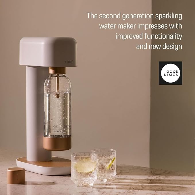 Mysoda Ruby 2 Sparkling Water Maker - Soda Streaming Machine Silent Carbonated Water Machine Robust Long-Lasting Aluminium Soda Maker 1L Water Bottle Without CO2 Cylinder - White Copper Soda Machine