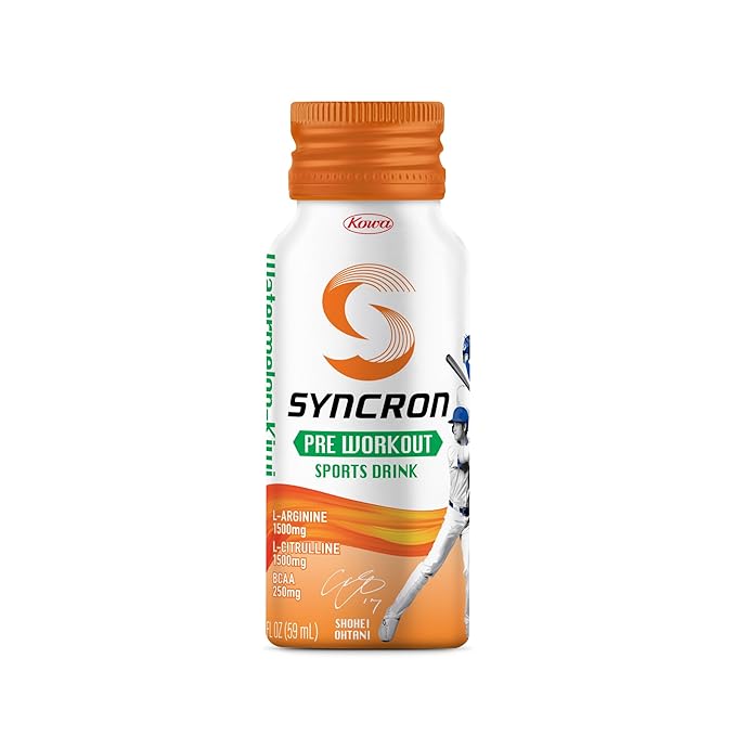 Syncron Pre Workout Sports Drink Endorsed by Shohei Ohtani, Aluminum Bottled, Sugar Free Pre Workout with L Arginine, L Citrulline & BCAAs, Pre Workout Energy Shot, Watermelon Kiwi, 6 Pack, 2 oz