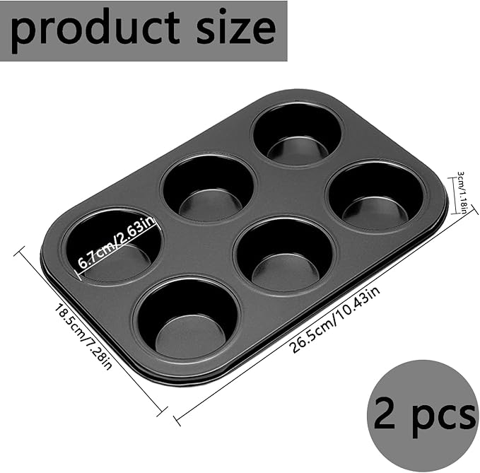 2Pcs Non-Stick 6-Cup Muffin Pan for Baking, Carbon Steel Cupcake Baking Tray, Stackable Cupcake Molds, Dishwasher Safe - 10.4 x 7.3 x 1.1 Inches (Black)