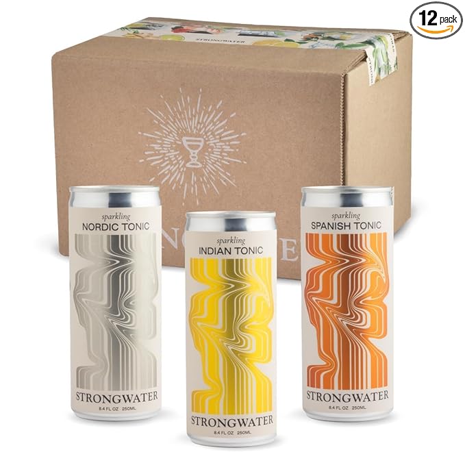 Strongwater Tonic Water Variety Pack (Pack of 12, 8.4 Fl Oz Each) - Includes Nordic Tonic, Indian & Spanish Tonic - Premium Craft Cocktail Mixers Sampler