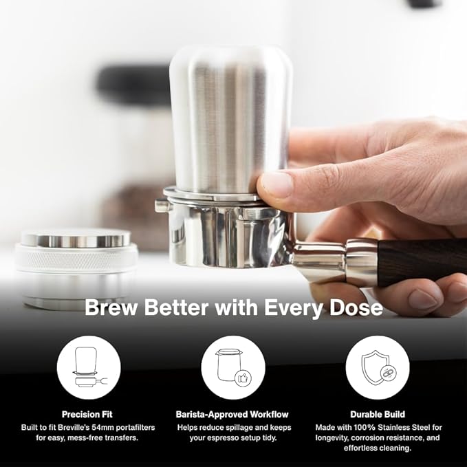 Crema Coffee Products | 54mm Dosing Cup | Brushed Silver | 100% Stainless Steel | Espresso Coffee Dosing Cup | Fits 54mm Breville Portafilters