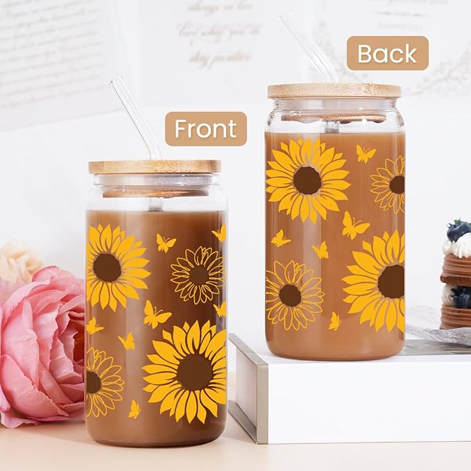 Sunflower Gifts for Women - Sunflower Cup 16 Oz Can Glass Coffee Cups with Bamboo Lid and Straw - Gift for Birthday
