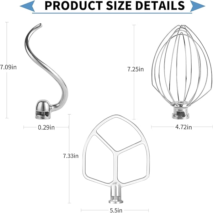 Stainless Steel 3 Piece kit Attachments，Dough Hook 6 Wire Whisk Flat BeaterCompatible with KitchenAid 5-6QT Mixer，Bowl Lift Stand Mixer Accessory，Rust Resistant，Dishwasher Safe