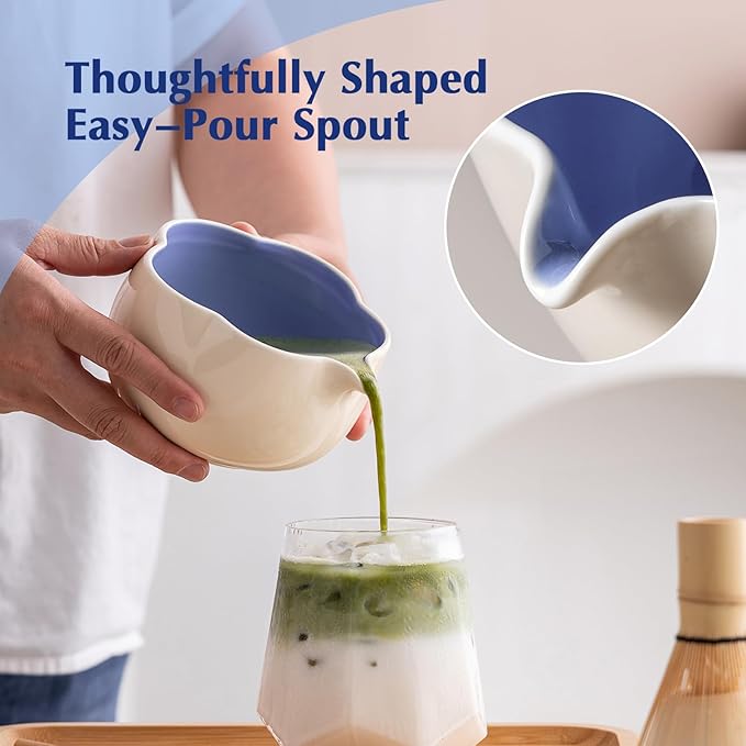 Matcha Set, 8Pcs Floral Ceramic Matcha Set with Matcha Whisk, Holder, Scoop, Scoop Rest, Sifter, Spoon and Tea Towel - Thoughtful Matcha Whisk Set Gift for Matcha Lovers (Beige & Blue)