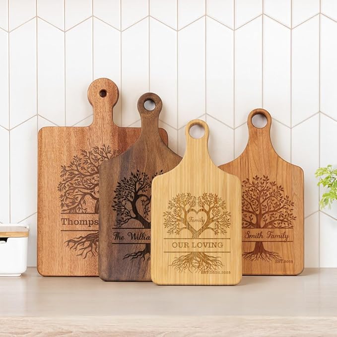 callie Personalized Family Cutting Board, Wooden Engraved Cheese Food Serving Tray Platter with Grip Handle, Housewarming Gifts (S, M, L)