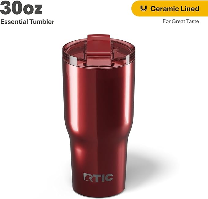 RTIC 30oz Essential Tumbler with Lid, Insulated, Stainless Steel, Metal, Double Wall Vacuum-Insulation, Ceramic Lined, Travel Cup for Iced Coffee, Tea, Hot and Cold Drink, Black Cherry Metallic
