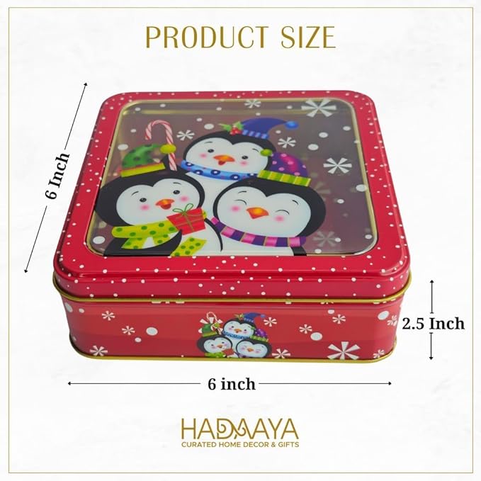 Metal Christmas Cookie Tin With Clear Lid- Square Multipurpose Storage Container For Cookies, Candy, Brownies, Snacks & More- Holiday Party Gift Box With Red Snowflake Penguin Design