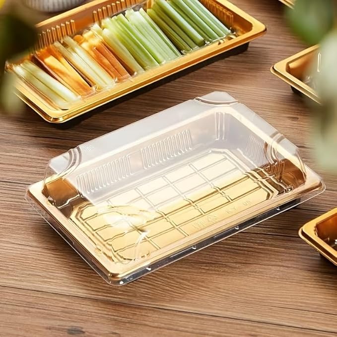 10 Pack Gold Rectangular Sushi Containers with Clear Lids – Disposable Plastic Food Boxes for Party, Takeout & Catering – Elegant, Stackable Trays for Sushi, Snacks & Desserts(Model No.1111)