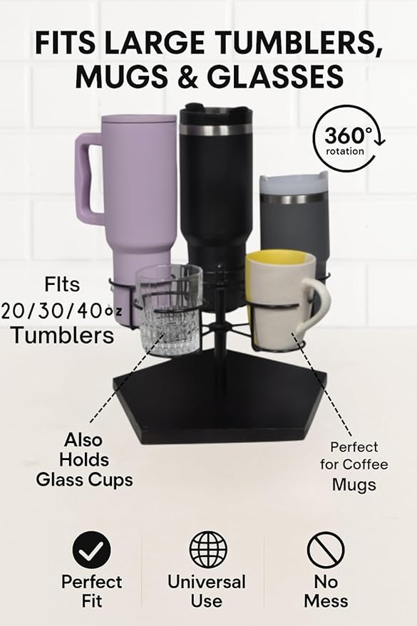 Stanley Cup Holder & Rotating Bottle Organizer – 5-Slot Wood Stand for 20/30/40oz Tumblers, Drinking Glasses, Coffee Mugs, Yeti, Hydro Flask – Countertop & Cabinet Cup Storage Rack