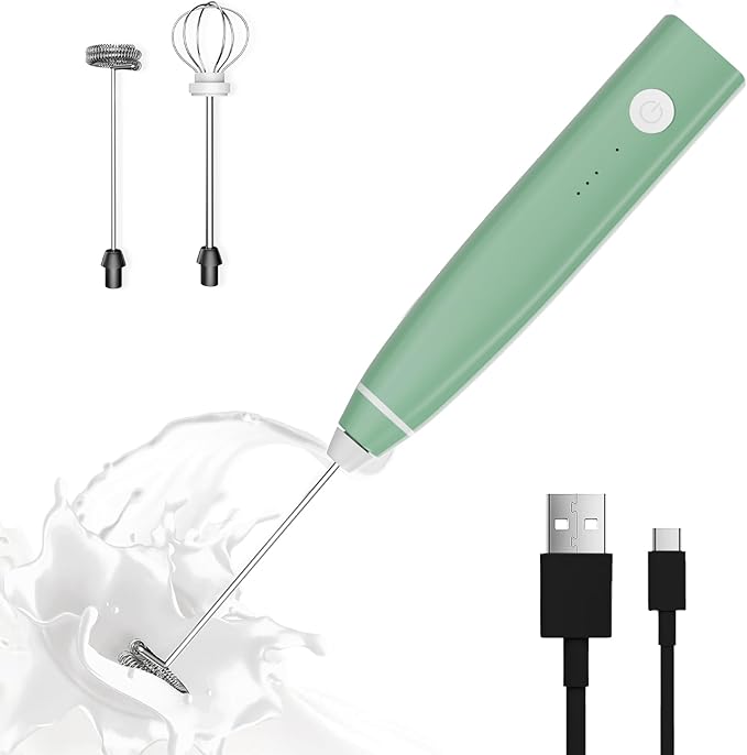 Milk Frother Rechargeable Handheld Electric Whisk Coffee Frother Mixer with 2 Stainless whisks 3 Speed Adjustable Foam Maker Blender for Coffee Matcha Latte Cappuccino(Avocado Green)