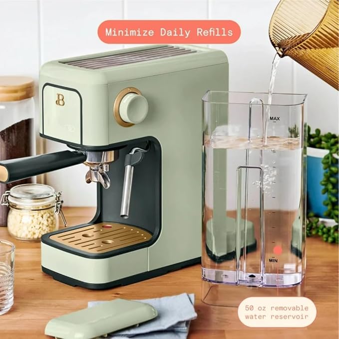 Beautiful Slim Espresso Maker by Drew Barrymore – 20‑Bar Pressure, Dual‑Spout 52 mm Portafilter, 50 oz Removable Tank, 2‑in‑1 Steam Wand & Touch Controls (Sage Green)