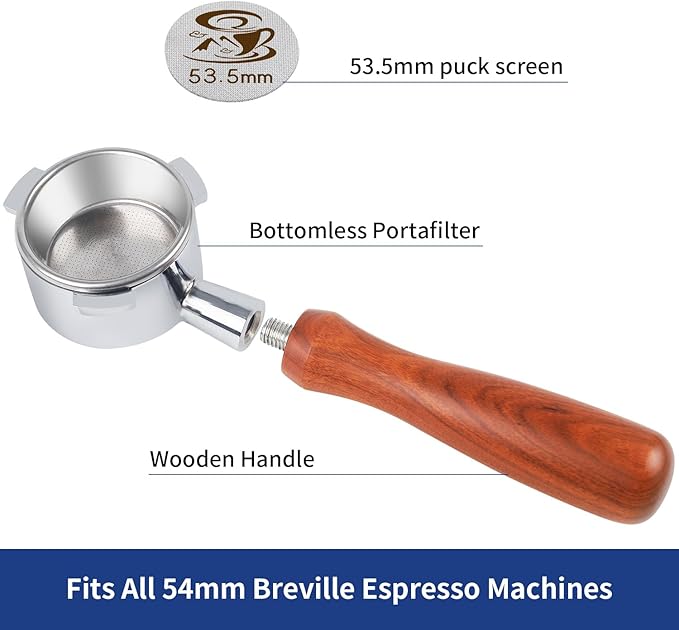 54mm Bottomless Portafilter - 3-Ear Stainless Steel - For Breville Barista Express (BES870, 878, 875, 840, Duo-Temp Pro) - Solid Wood Handle