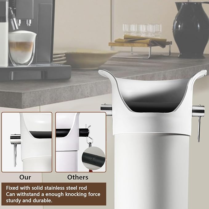 Knock Box for Espresso Grounds, Commercial Floor Standing Barista Style Absorbent Knockbox with Removable Non-Slip Base, Coffee Grind Collection Dump Bin,White