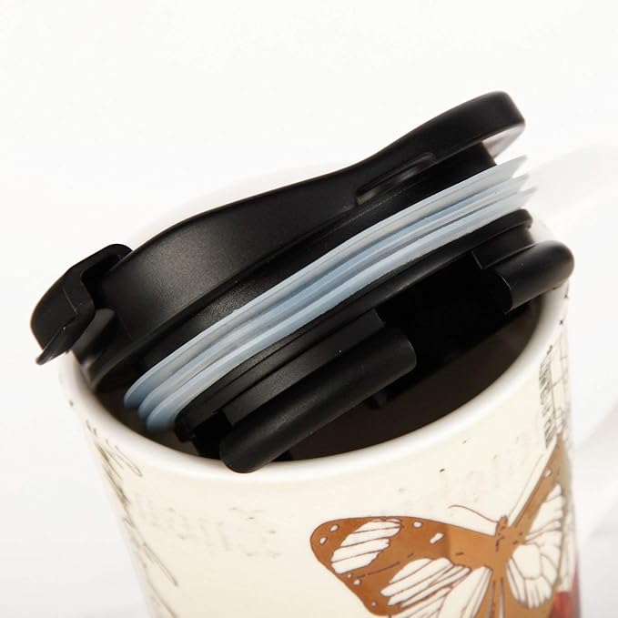 Topadorn 17 OZ Ceramic Coffee Mug Travel Cup with Lid and Gift Box, Red Flower and Butterfly