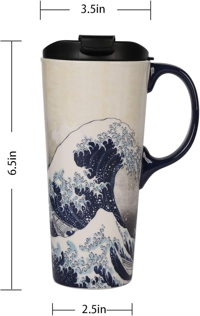 Topadorn Ceramic Travel Mug Porcelain Coffee Cup with Spill-proof Lid and Box, 17 Oz.