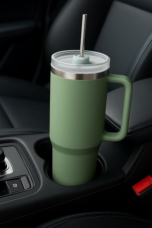 40oz Stainless Steel Tumbler with Handle & Metal Straw – Insulated Double Wall Travel Mug with Lid, Large Coffee Cup for Hot & Cold Drinks, Fits Car Cup Holders