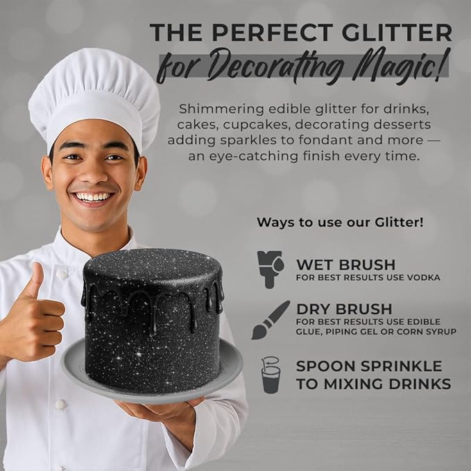 Bulk 20g Black Edible Glitter for Drinks | Premium Edible Glitter for Cakes, Cocktails, Black Cake Decorating Decorations Food Grade, Vegan, Kosher, Halal, Gluten Free - Made in USA