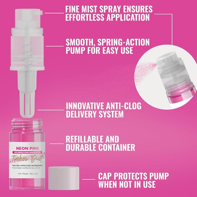 Bakell - Neon Pink Tinker Dust (4g, 1x Mini Spray Pump) Edible Glitter for Food, Desserts, and Beverages!