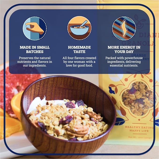 Sweet Diane’s Granola – Standard Size (12 oz): Organic, Low-Sugar, High-Fiber, Gluten-Free, Vegan, Delicious Breakfast and Snack Topper (Classic Size, Orange Cranberry)