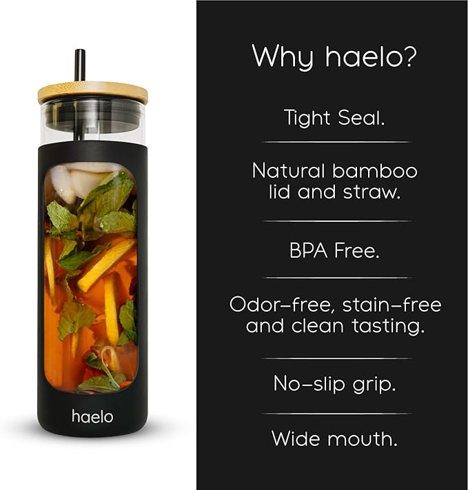 haelo 20oz Glass Tumbler Water Bottle, Iced Coffee Cup with Straw, Silicone Protective Sleeve, Bamboo Lid Reusable BPA Free (Black)